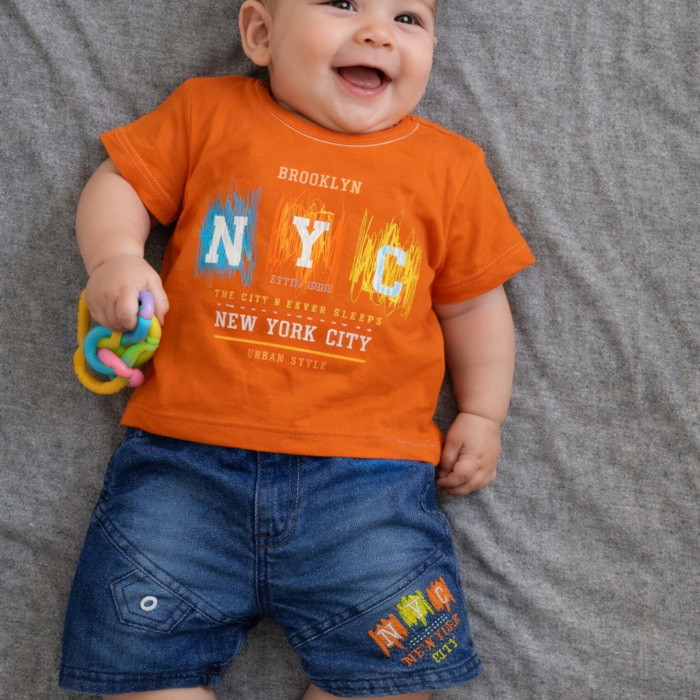 Kids NYC Summer 2 Piece Outfit – Boys Cotton T-Shirt & Denim Shorts Set Toddler Casual Eid Clothes - Orange -boy