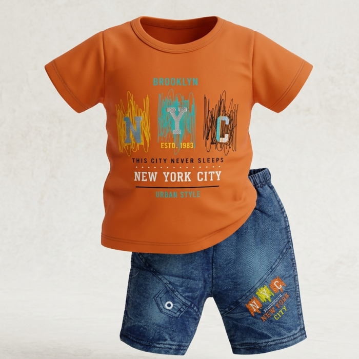 Kids NYC Summer 2 Piece Outfit – Boys Cotton T-Shirt & Denim Shorts Set Toddler Casual Eid Clothes - Orange2